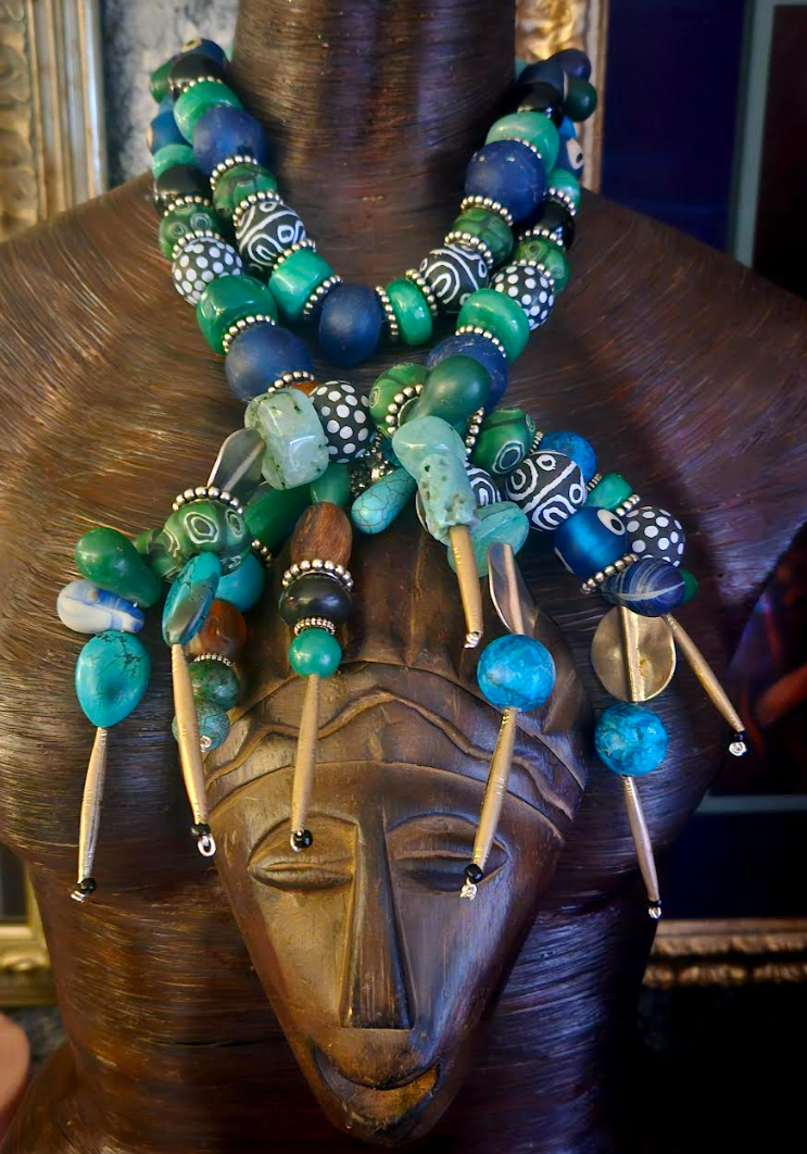 African Wood Mask Tribal Chest Piece with Textured Beaded Hair