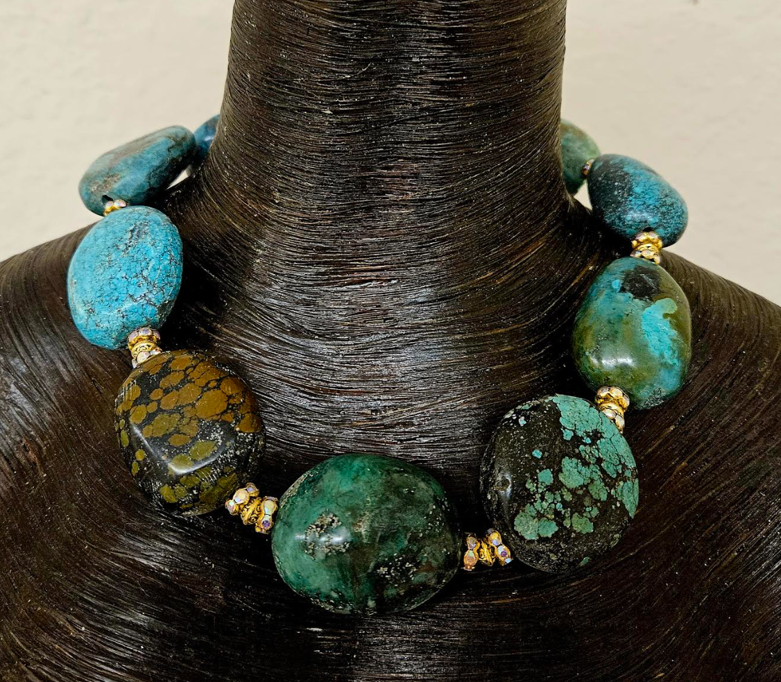 Huge Hubei Turquoise & Rhinestone Rondelle High End Statement Neckl