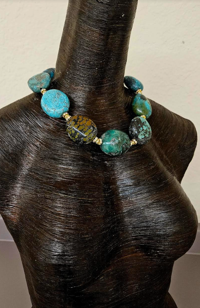 Huge Hubei Turquoise & Rhinestone Rondelle High End Statement Neckl