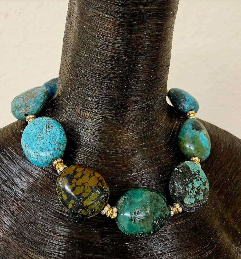 Huge Hubei Turquoise & Rhinestone Rondelle High End Statement Neckl