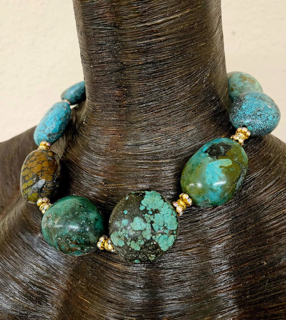 Huge Hubei Turquoise & Rhinestone Rondelle High End Statement Neckl