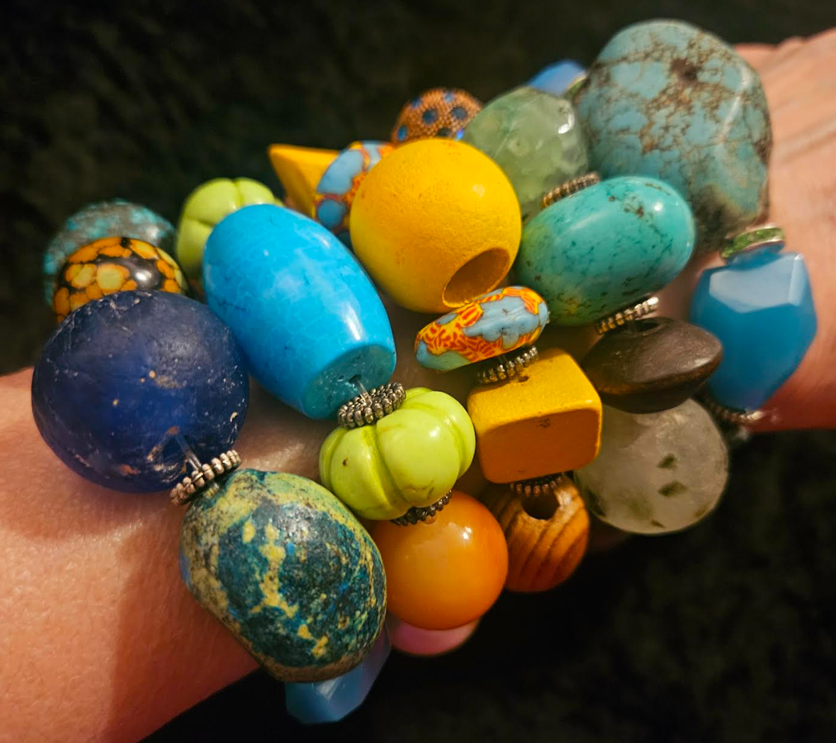 Mixed Media Beaded Stretch Couture Bracelet Set of Five, Oversized Bea