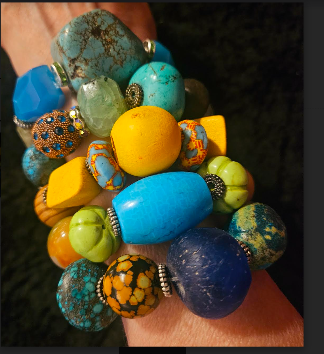 Mixed Media Beaded Stretch Couture Bracelet Set of Five, Oversized Bea