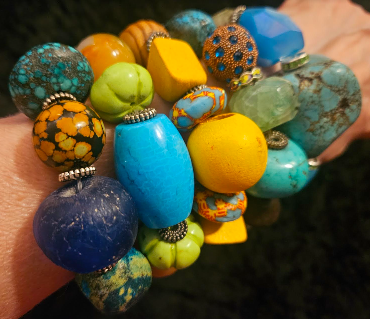 Mixed Media Beaded Stretch Couture Bracelet Set of Five, Oversized Bea