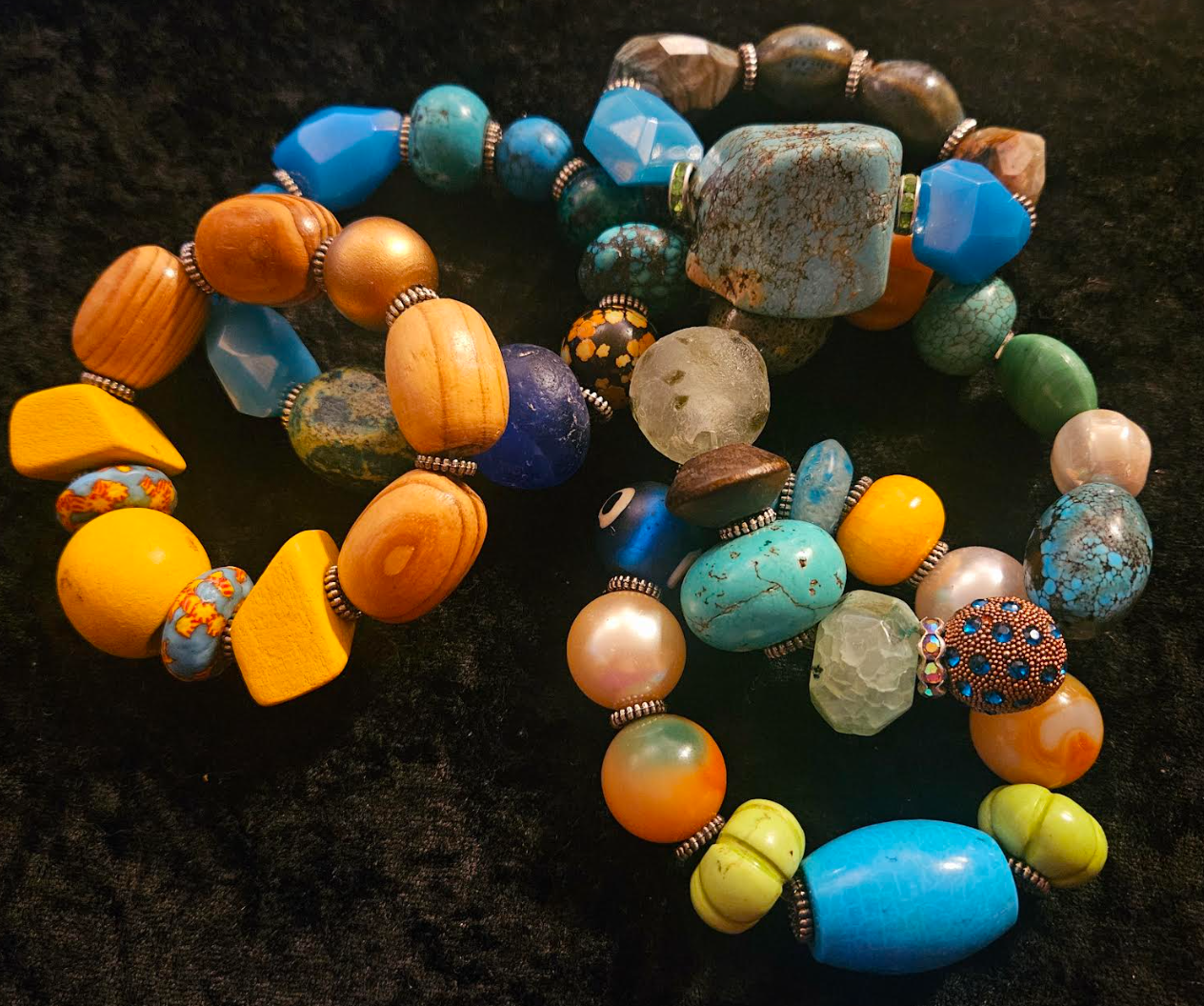 Mixed Media Beaded Stretch Couture Bracelet Set of Five, Oversized Bea