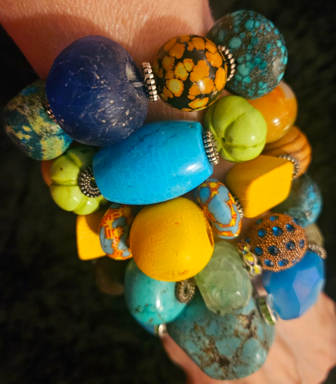 Mixed Media Beaded Stretch Couture Bracelet Set of Five, Oversized Bea