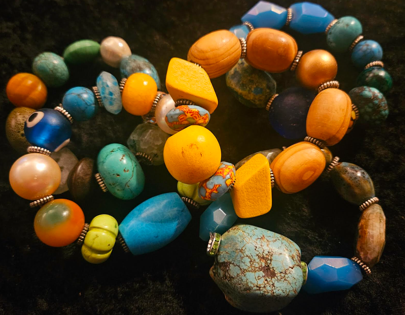 Mixed Media Beaded Stretch Couture Bracelet Set of Five, Oversized Bea