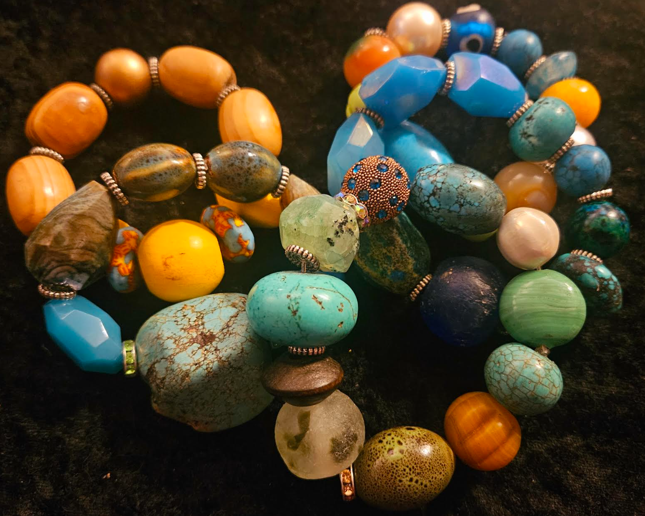Mixed Media Beaded Stretch Couture Bracelet Set of Five, Oversized Bea