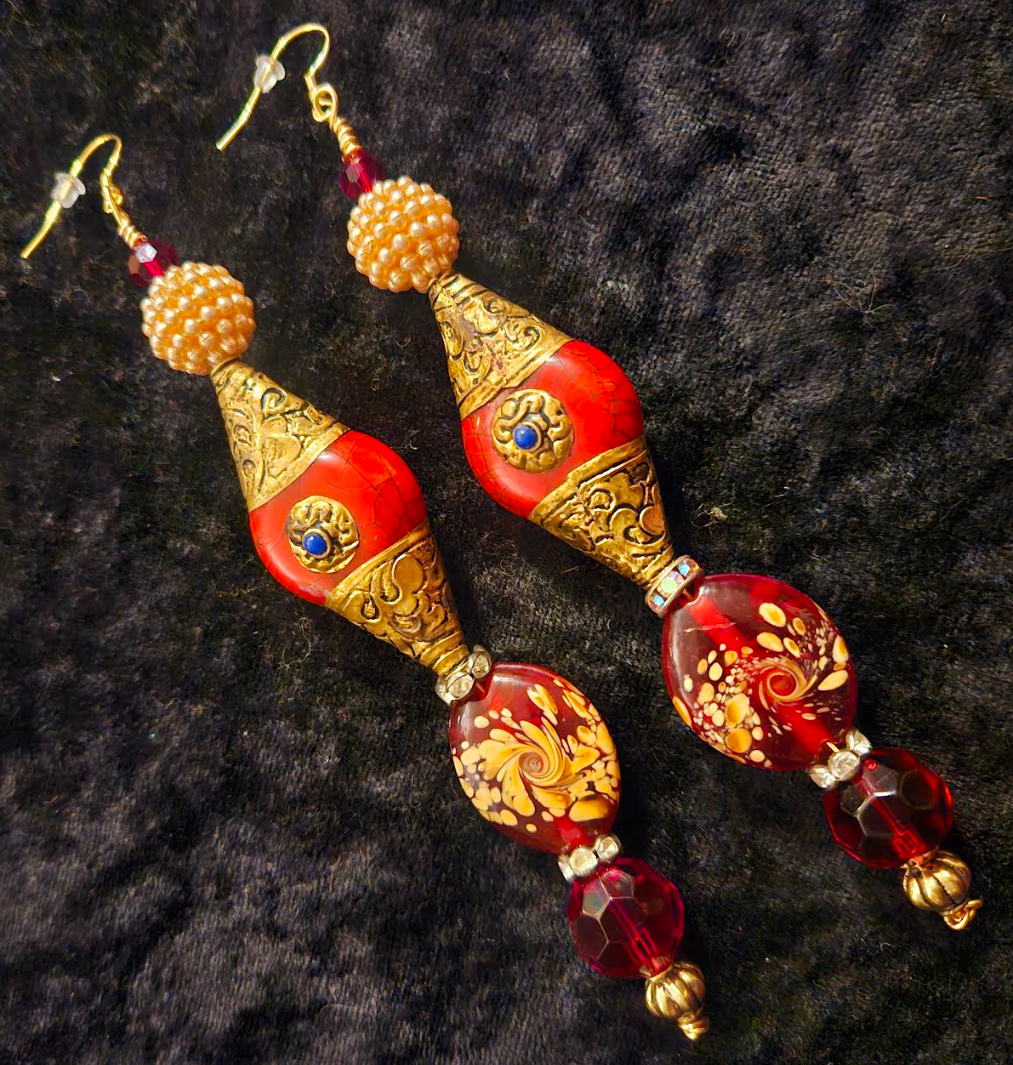Red Beaded Shoulder Duster Pierced Statement Earrings, Exotic Tibetan