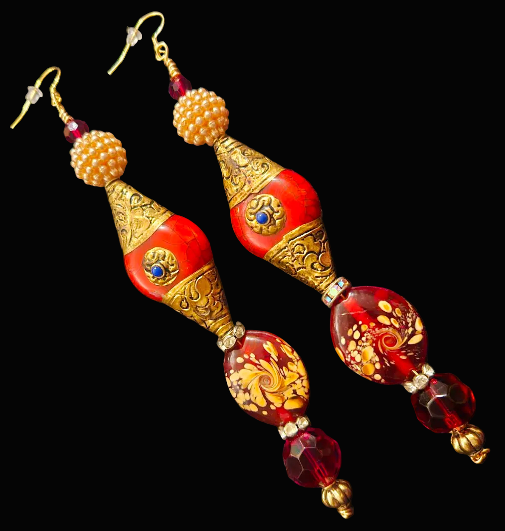 Exotic Red Beaded Shoulder Duster Statement Earrings - Haute Couture