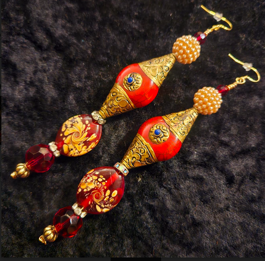 Red Beaded Shoulder Duster Pierced Statement Earrings, Exotic Tibetan