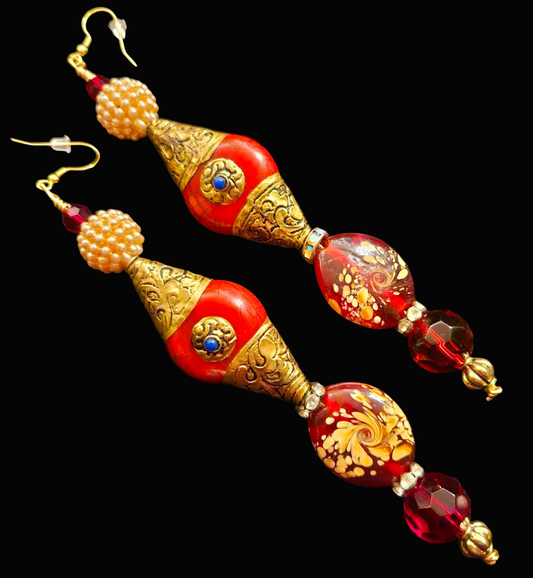 Exotic Red Beaded Shoulder Duster Statement Earrings - Haute Couture