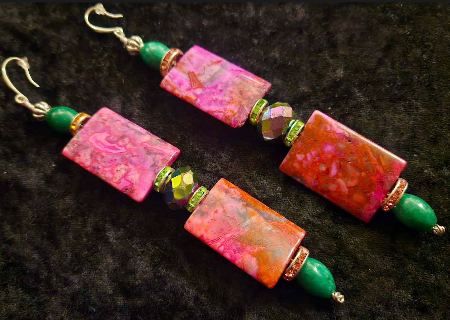 Pink & Green Gemstone Shoulder Duster Pierced Statement Earrings, XL C