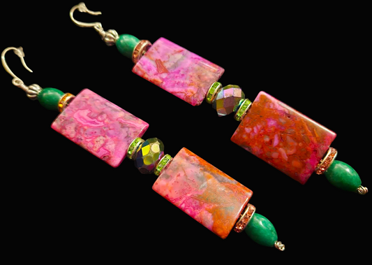 Pink & Green Gemstone Shoulder Duster Pierced Earrings - OOAK Art to Wear