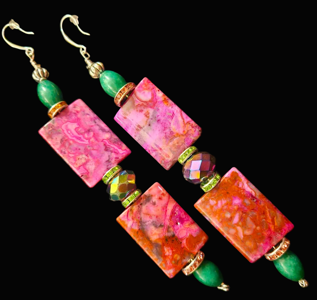 Pink & Green Gemstone Shoulder Duster Pierced Earrings - OOAK Art to Wear