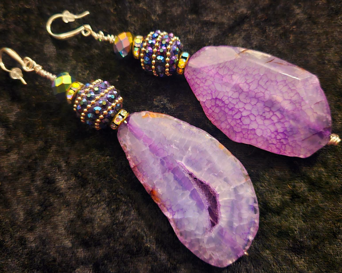 Purple Agate & Crystal Dangle Pierced Statement Earrings, Lavender Dra