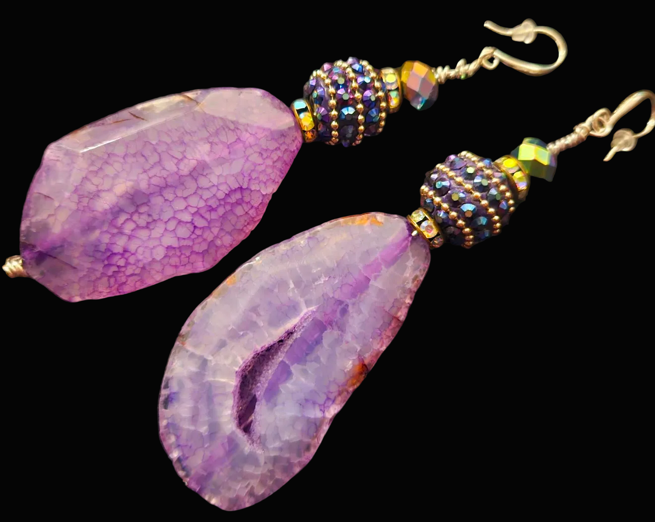 Purple Agate & Crystal Dangle Pierced Statement Earrings - Heavy
