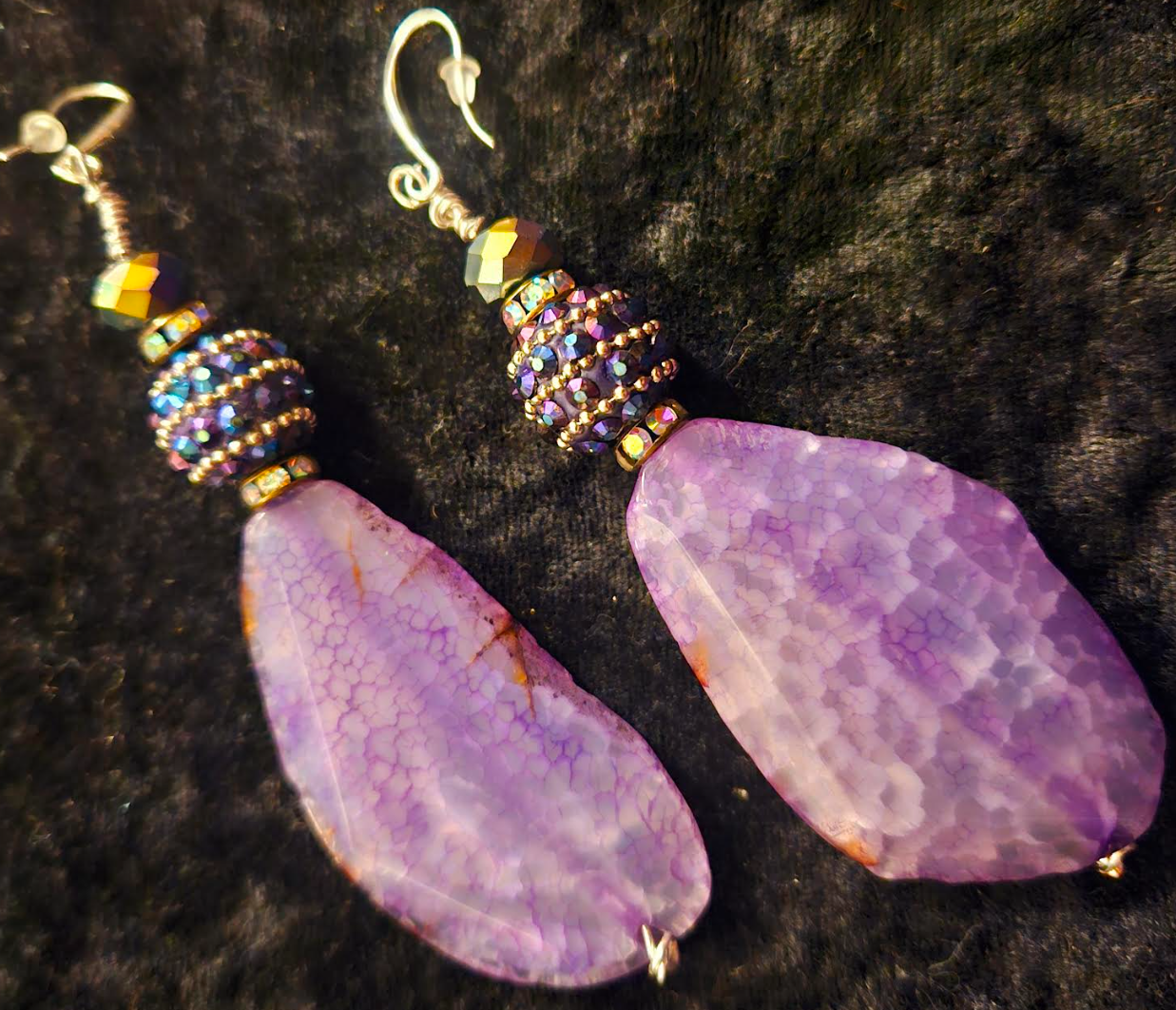 Purple Agate & Crystal Dangle Pierced Statement Earrings, Lavender Dra