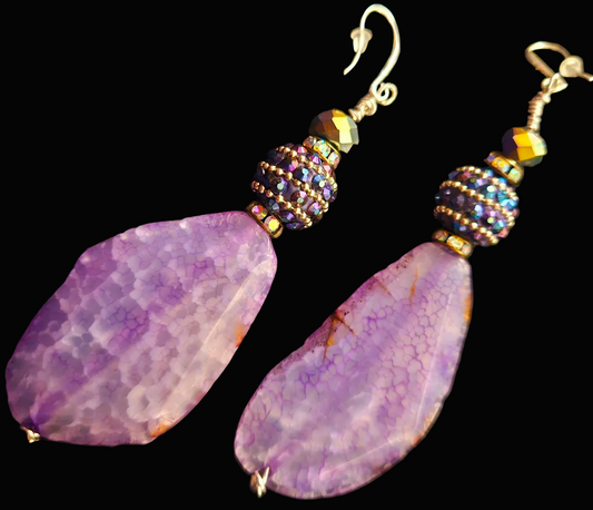 Purple Agate & Crystal Dangle Pierced Statement Earrings - Heavy