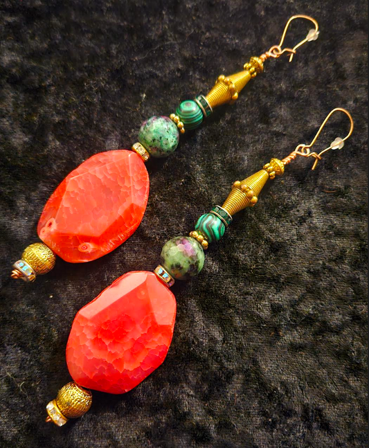 Salmon Colored Agate & Mixed Gemstone Shoulder Duster Pierced Earri