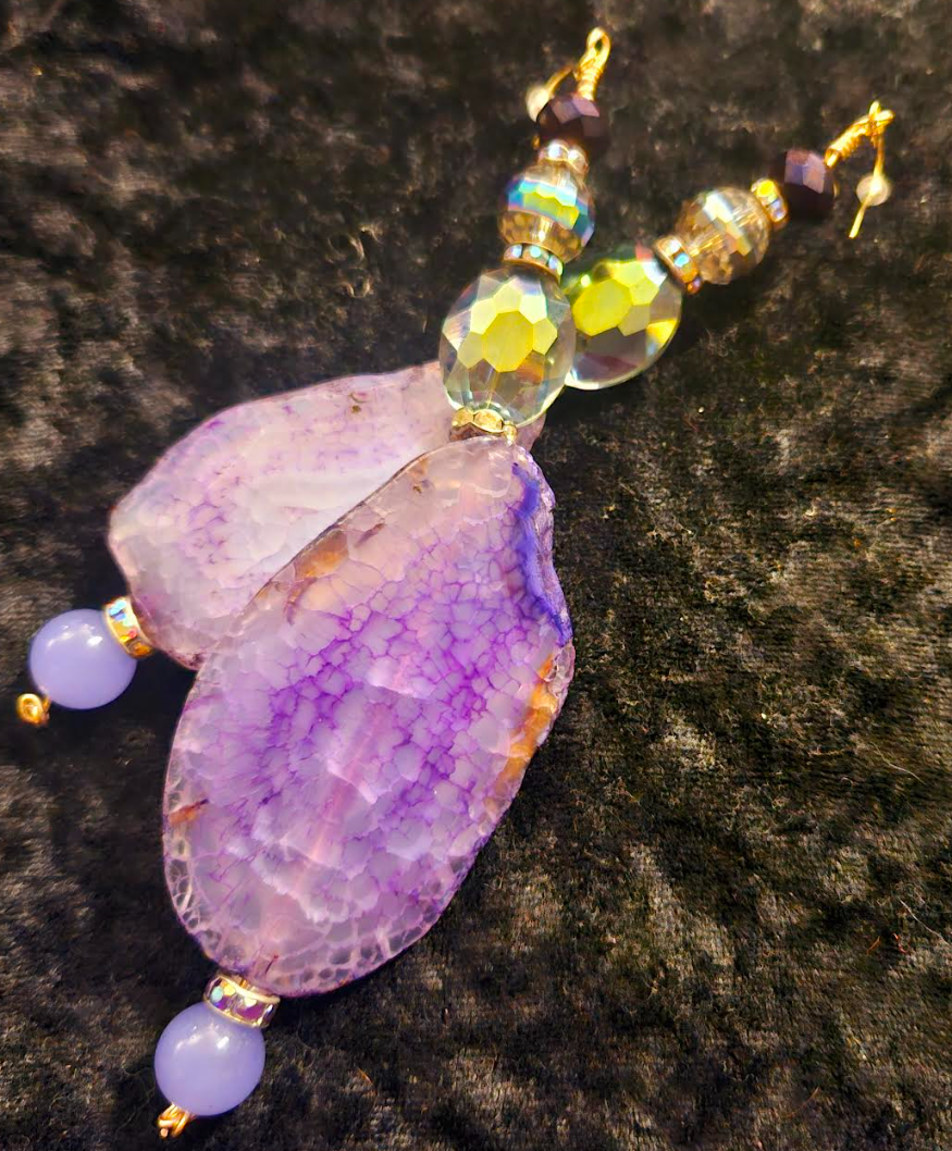 Dragon's Vein Lavender Agate & Crystal Dangle Pierced Statement Earrin