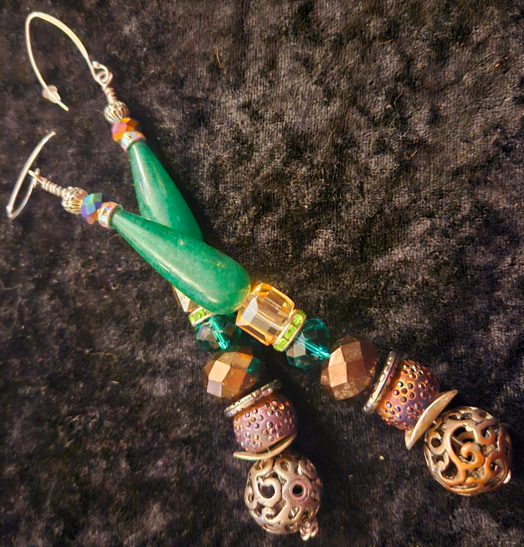 Emerald Green Teardrop Mixed Beaded Dangle Pierced Statement Earrings,