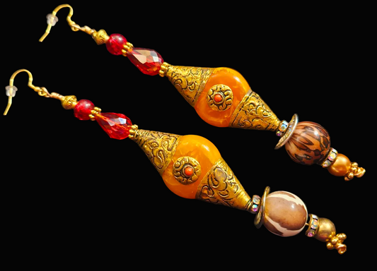 Wild Exotic Tibetan Repousse Beaded Shoulder Duster Earrings - Autumn