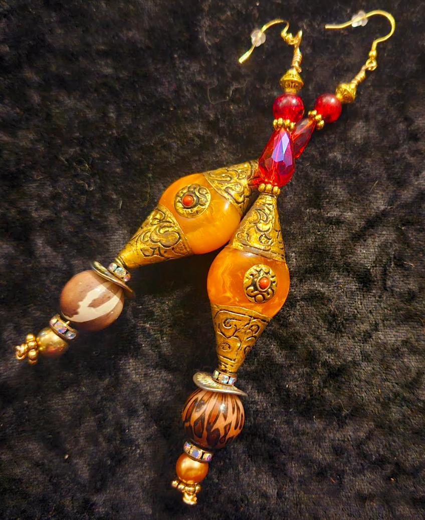 Wild Orange Resin Tibetan Repousse Inlaid Beaded & Crystal Pierced