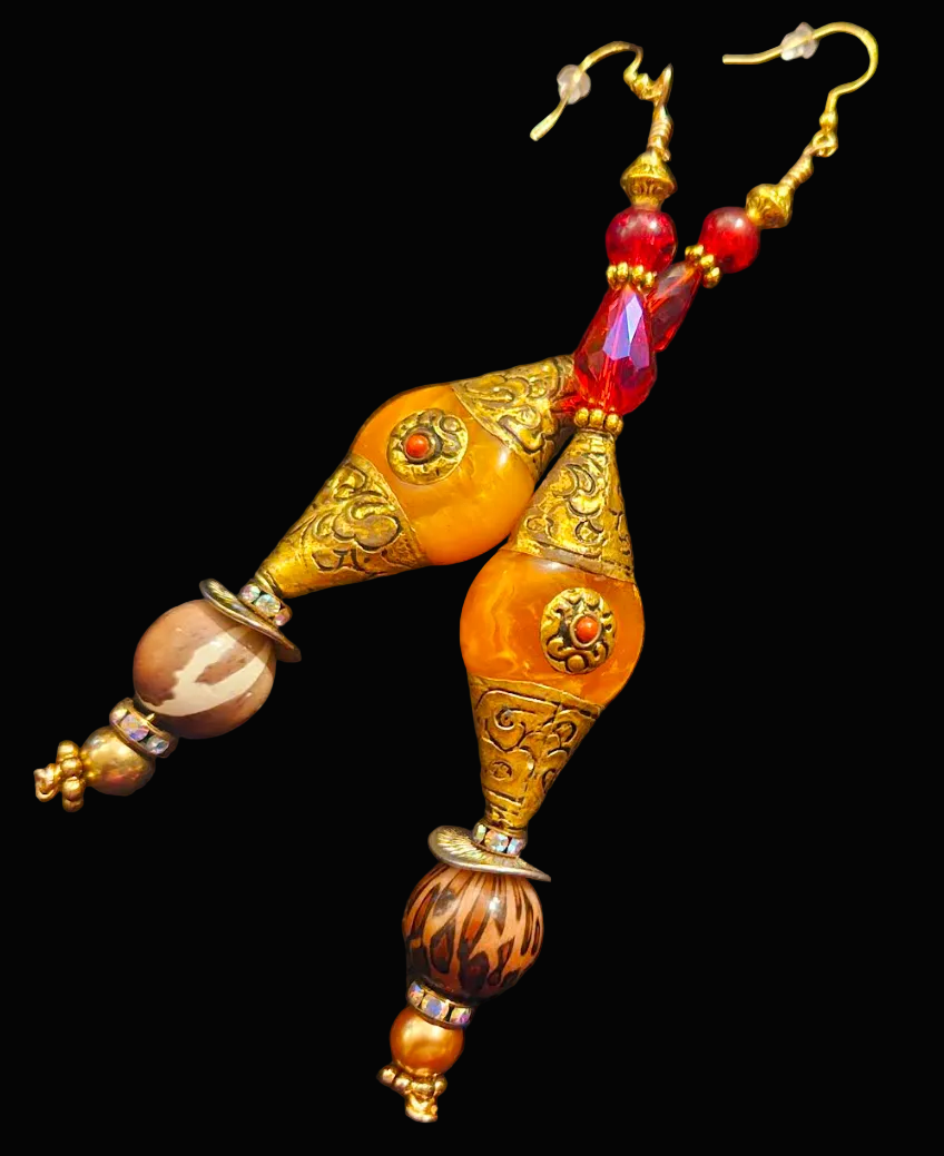 Wild Exotic Tibetan Repousse Beaded Shoulder Duster Earrings - Autumn