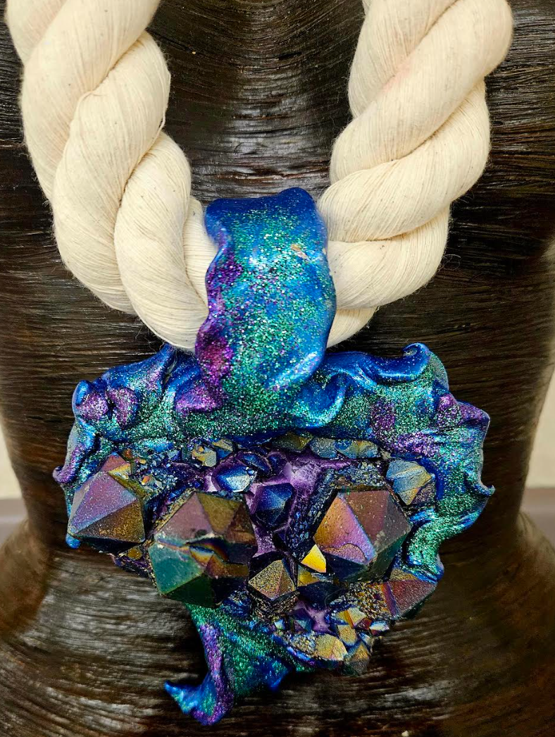 Thick Beige Rope Titanium Glitter Gemstone Pendant, Boho Couture Gemst