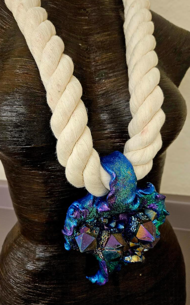 Thick Beige Rope Titanium Glitter Gemstone Pendant, Boho Couture Gemst