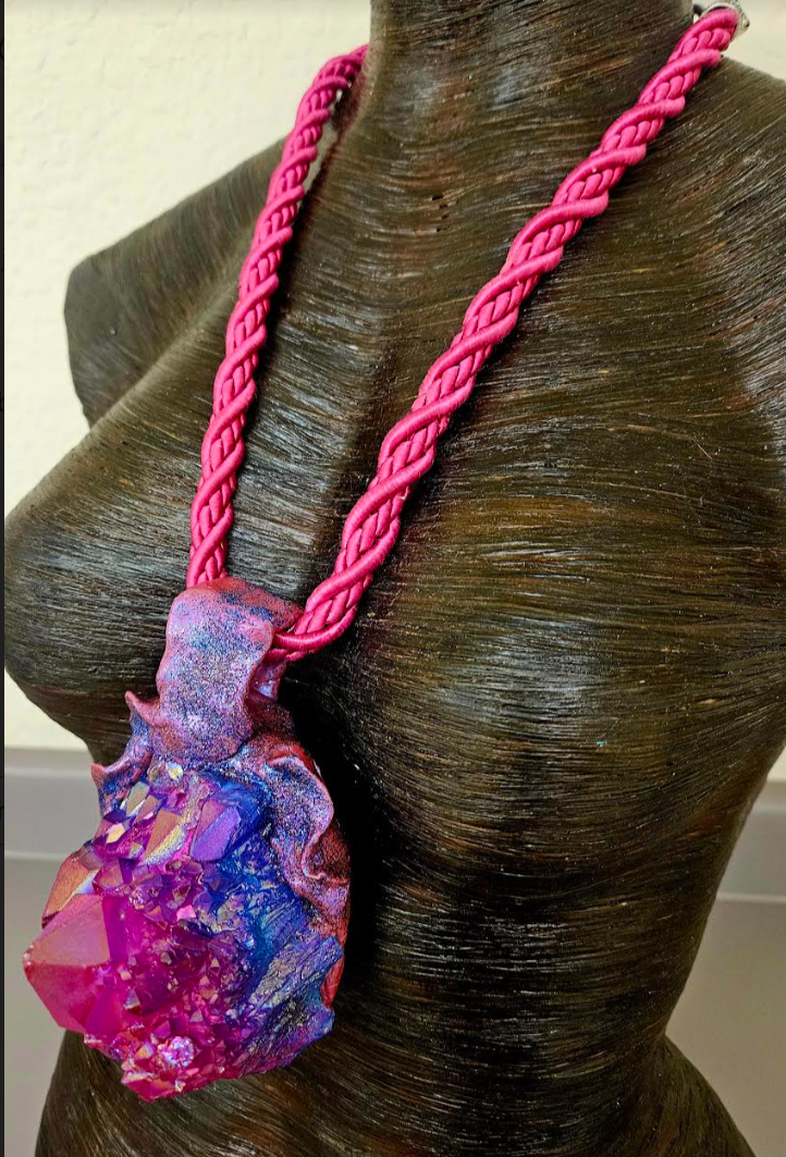 Pink Purple Blue Record Keeper Quartz Sculpted Gemstone Pendant With S