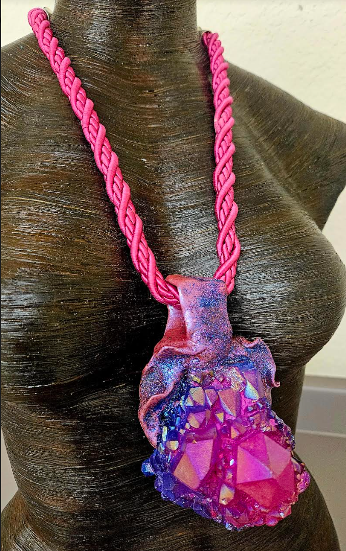 Pink Purple Blue Record Keeper Quartz Sculpted Gemstone Pendant With S