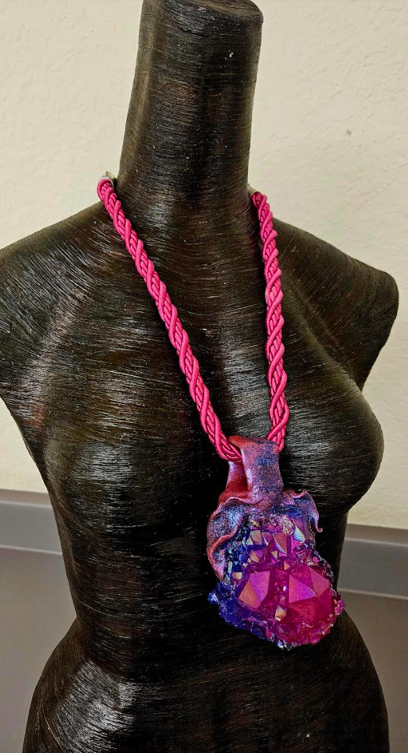 Pink Purple Blue Record Keeper Quartz Sculpted Gemstone Pendant With S