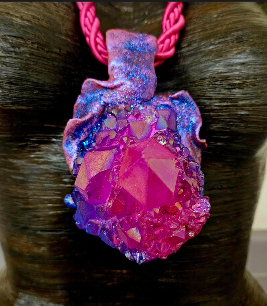 Pink Purple Blue Record Keeper Quartz Sculpted Gemstone Pendant With S