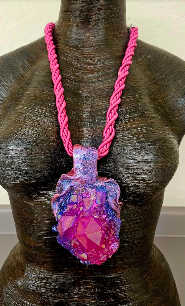 Pink Purple Blue Record Keeper Quartz Sculpted Gemstone Pendant With S