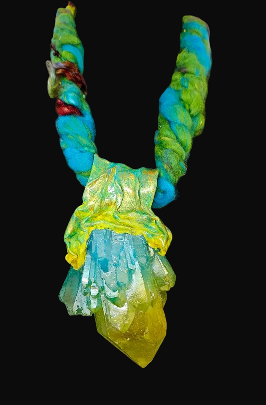 Green Yellow & Blue Aura Quartz Sculpted Pendant - Art Yarn Necklace