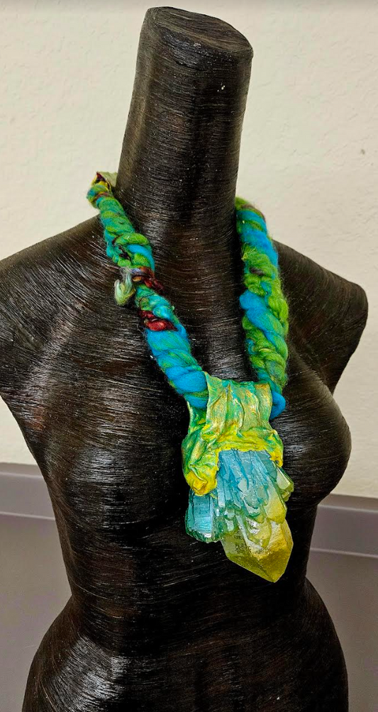 Green Yellow & Blue Rough Aura Quartz Sculpted Gemstone Pendant With A