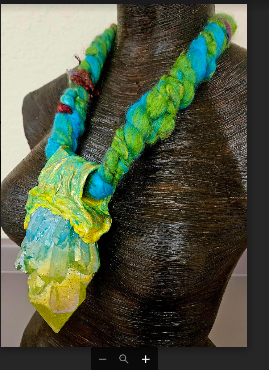 Green Yellow & Blue Aura Quartz Sculpted Pendant - Art Yarn Necklace
