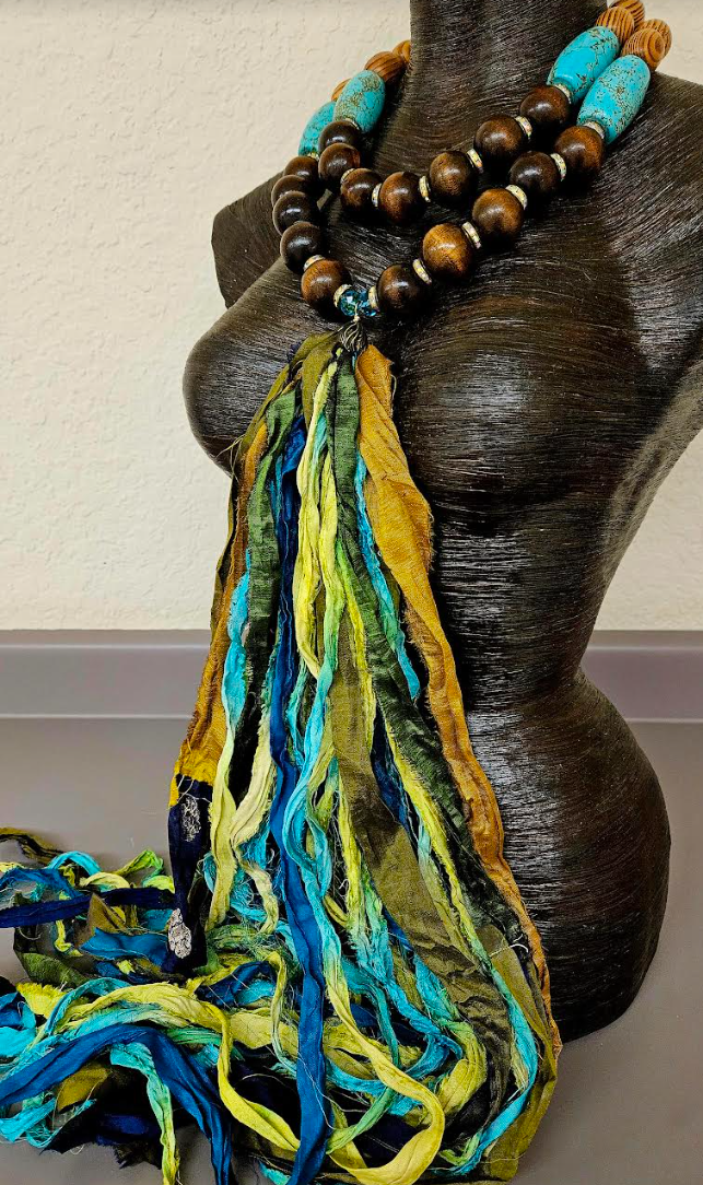 Wood & Blue Magnesite Beaded Distressed Sari Silk Chest Piece