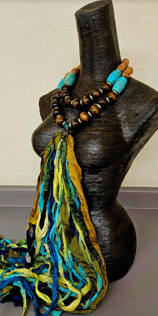 Wood & Blue Magnesite Beaded Distressed Sari Silk Chest Piece