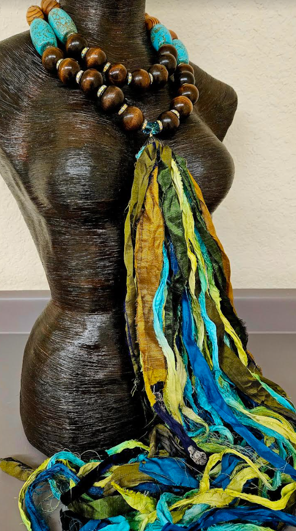 Wood & Blue Magnesite Beaded Distressed Sari Silk Chest Piece