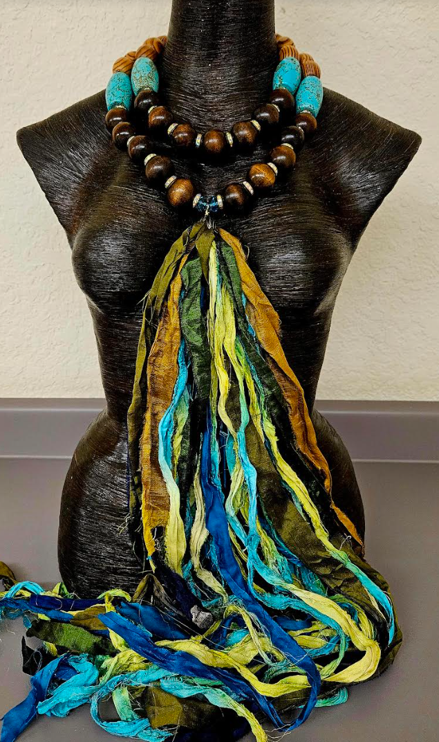 Wood & Blue Magnesite Beaded Distressed Sari Silk Chest Piece