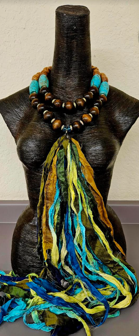 Wood & Blue Magnesite Beaded Distressed Sari Silk Chest Piece