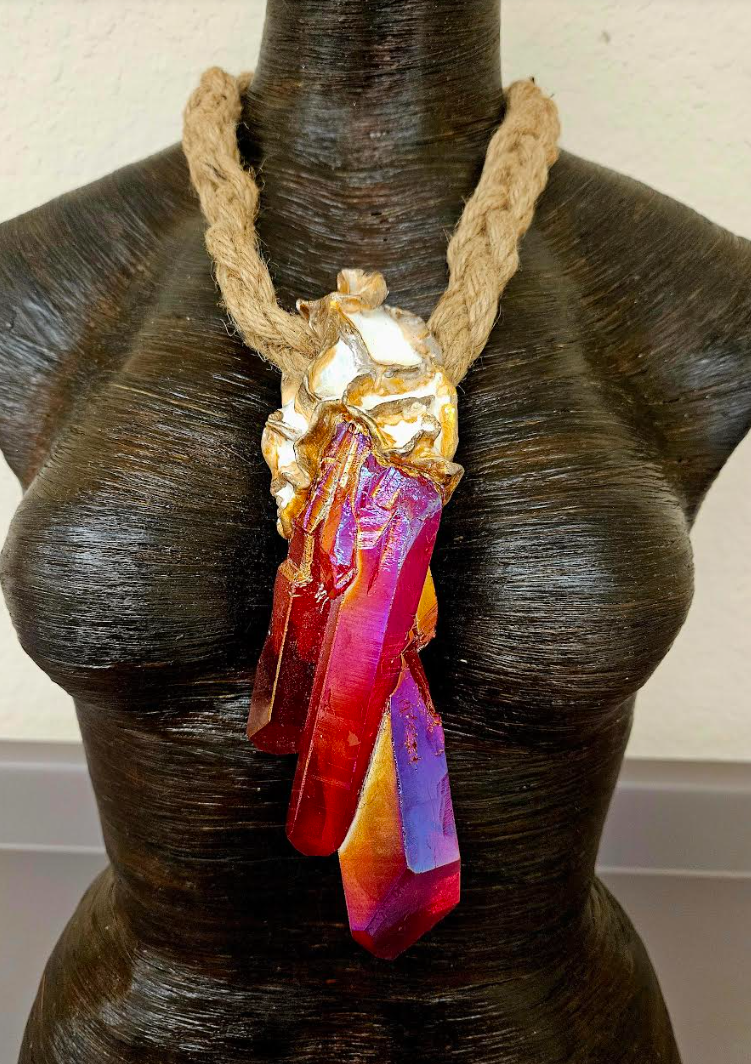 Red Aura Quartz Sculpted Unisex Gemstone Pendant With Braided Hemp Rop