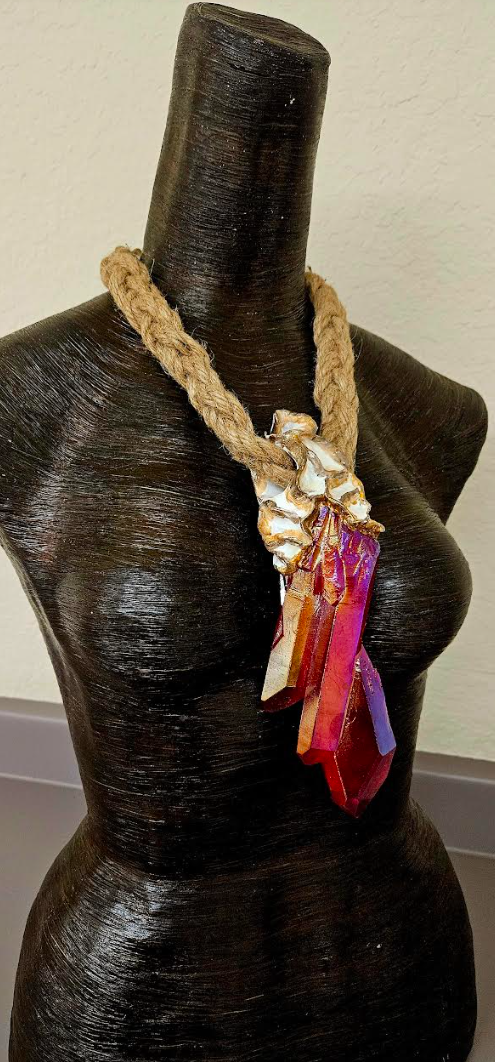 Red Aura Quartz Sculpted Unisex Gemstone Pendant With Braided Hemp Rop