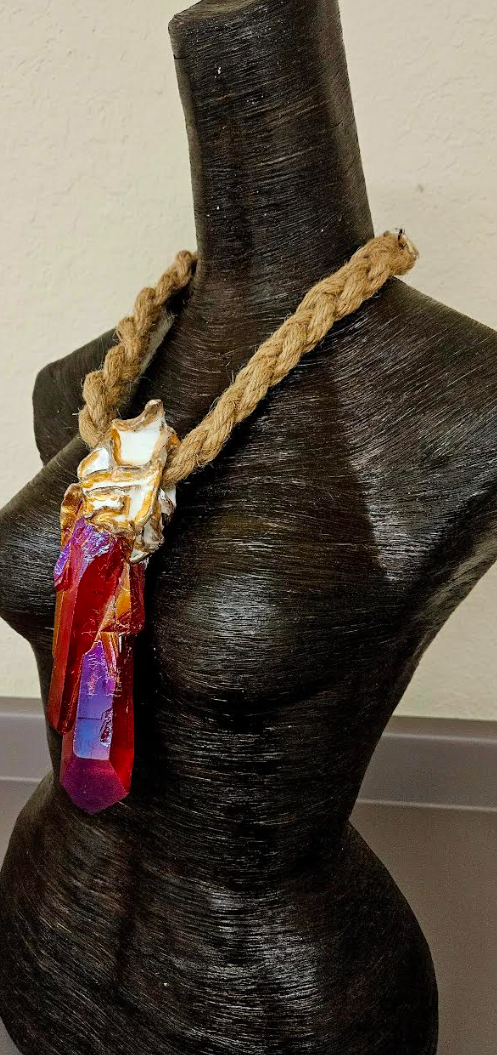 Red Aura Quartz Sculpted Unisex Gemstone Pendant With Braided Hemp Rop
