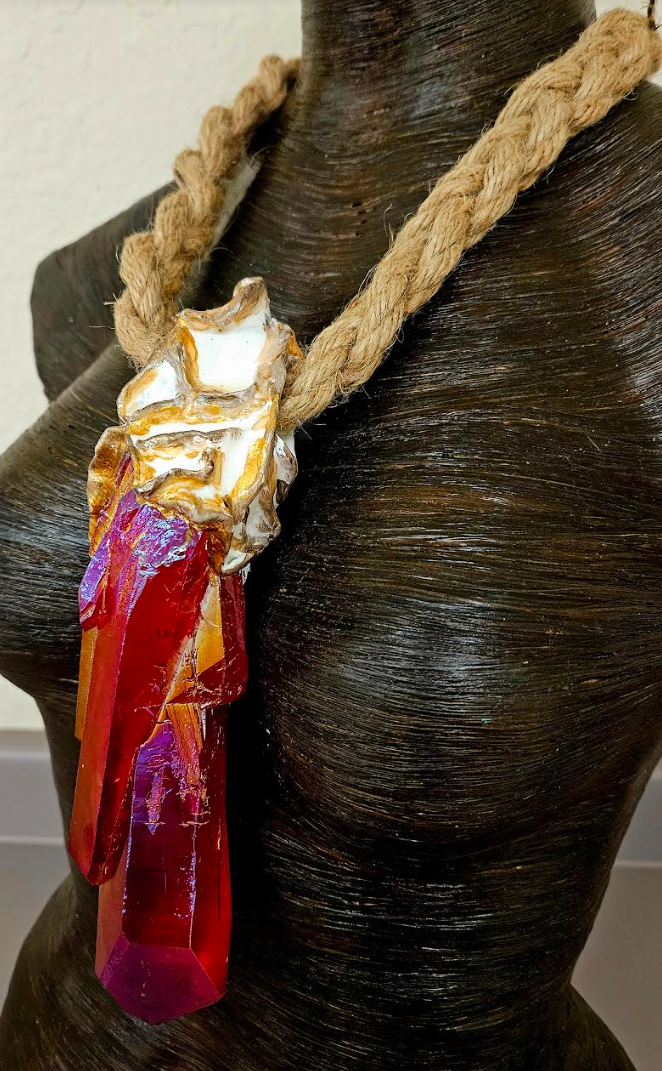 Red Aura Quartz Sculpted Unisex Gemstone Pendant With Braided Hemp Rop