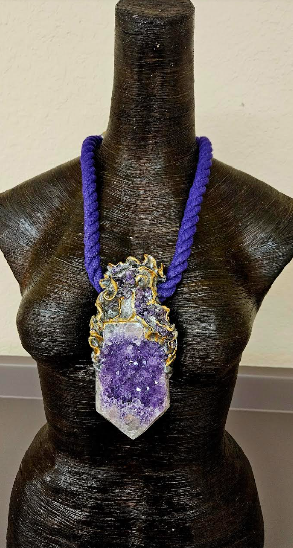 Rough Amethyst Luxury Baroque Sculpted Rope Gemstone Pendant, Purple C