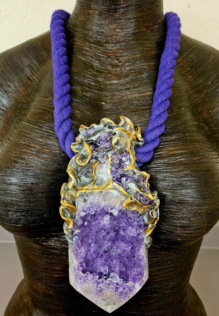 Rough Amethyst Luxury Baroque Sculpted Rope Gemstone Pendant, Purple C